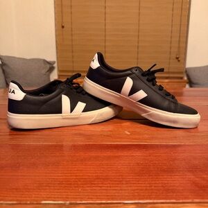 Veja Black Leather Low-Top Sneakers with White V Logo